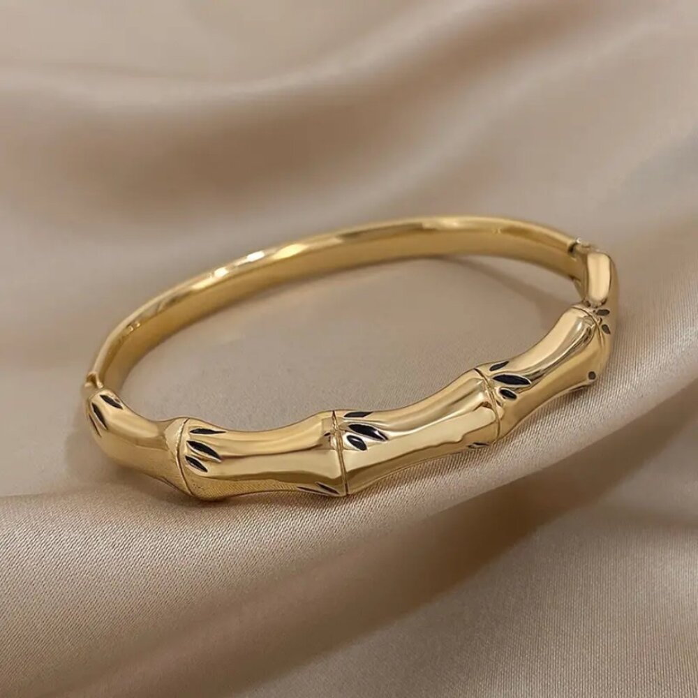 14K Yellow Gold Womens Chunky Bamboo Bangle Cuff Bracelet 14 Karat Jewelry NEW